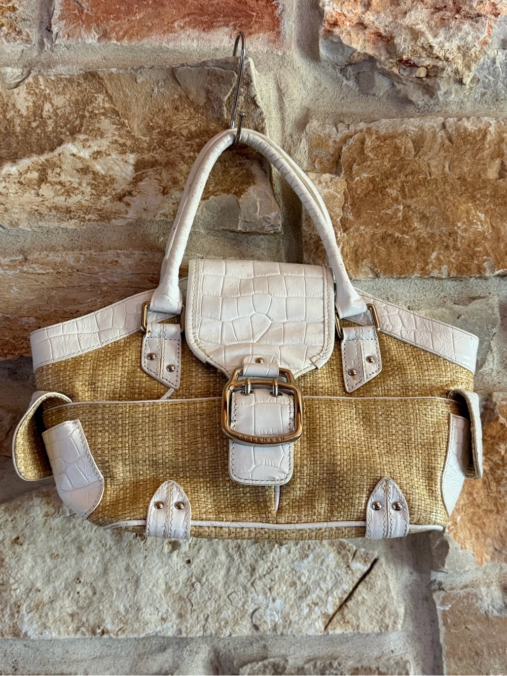 Cole Haan White Croc-Embossed Trim Straw Tote with Silver Buckle - Picture 5 of 13